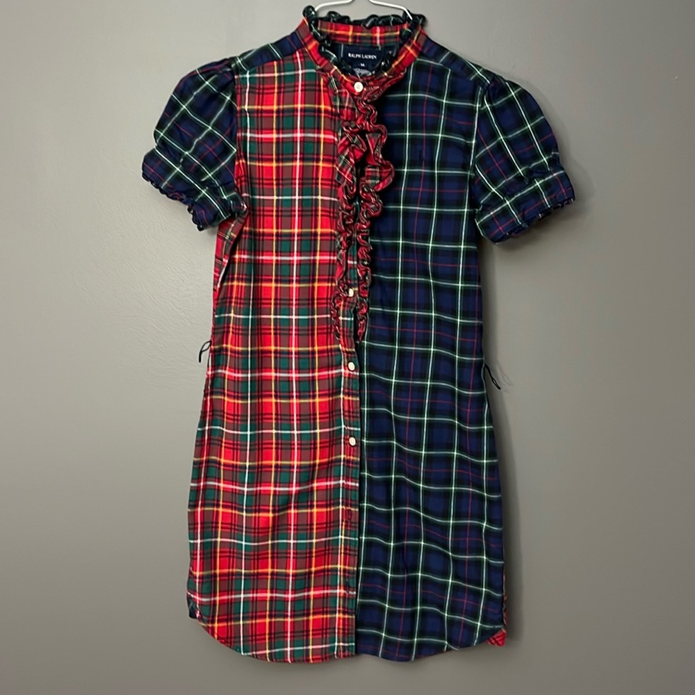 POLO RALPH LAUREN GIRL'S BLUE/RED W/ YELLOW/WHITE STRIPES PLAID DRESS SIZE 14